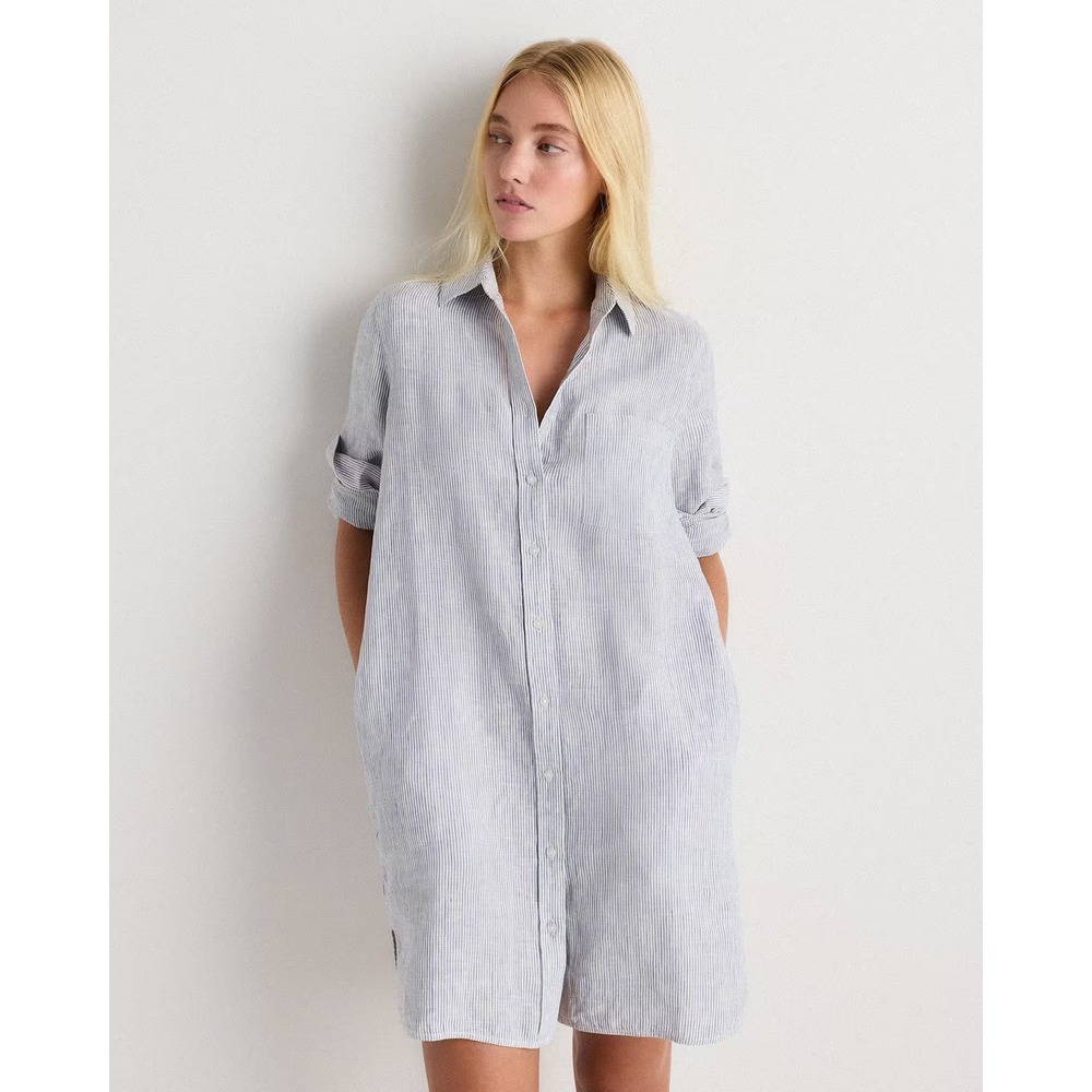 Quince Linen Shirt Dress Blue Pinstripe XS New With Tags